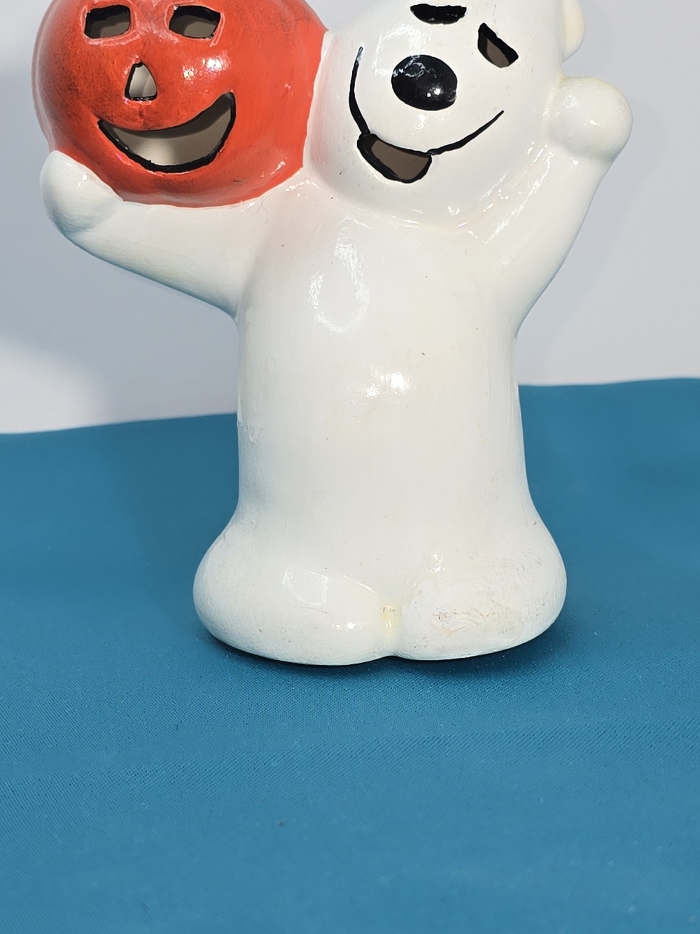 White Ceramic Ghost Figurine with Red Pumpkin - Home Art